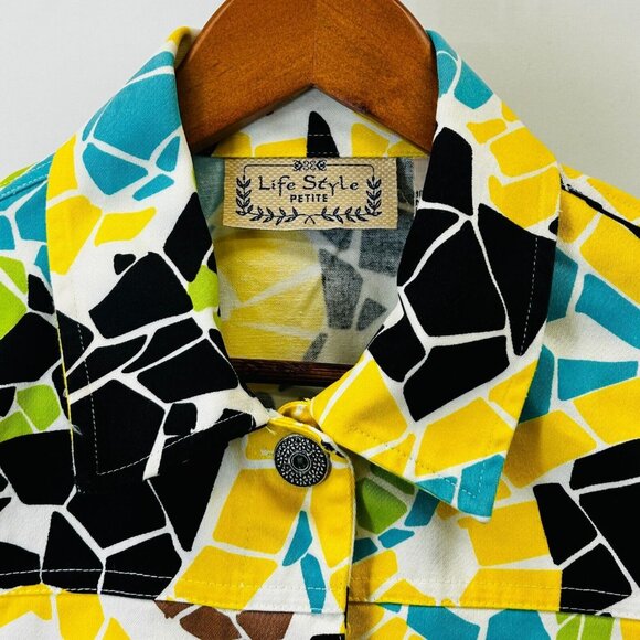 Vintage Life Style Geometric Button Down Jacket Size Petite M Cotton Boho Size M - Picture 5 of 12